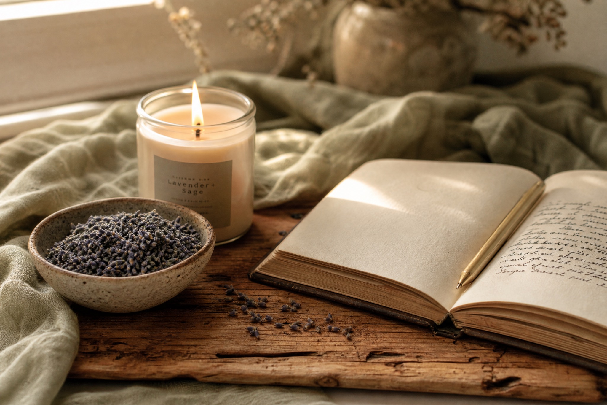 Ayurvedic herbs, warm tea and natural ingredients arranged for a consultation