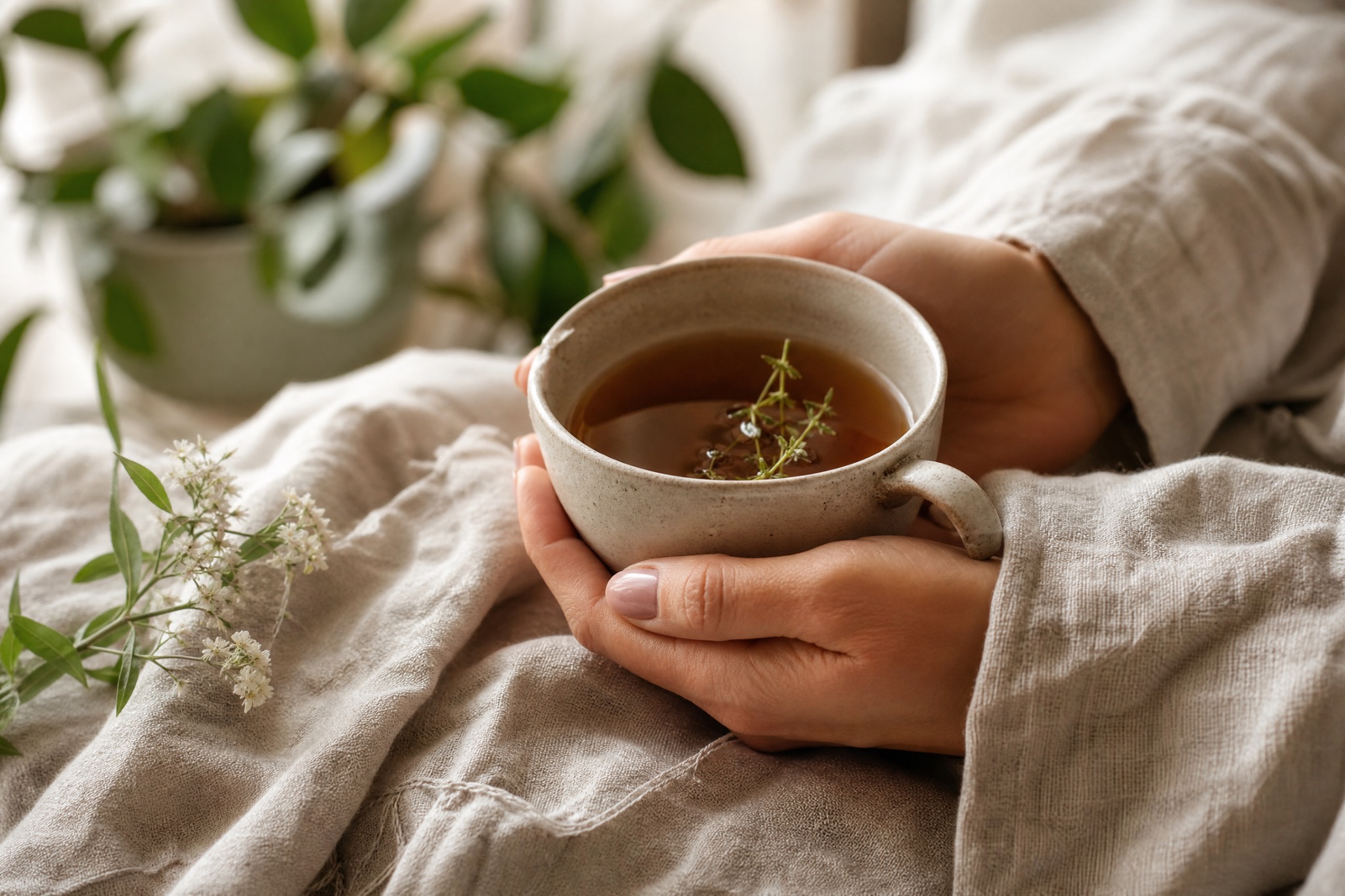 Balanced movement, nourishment and recovery elements in a calm wellbeing setting