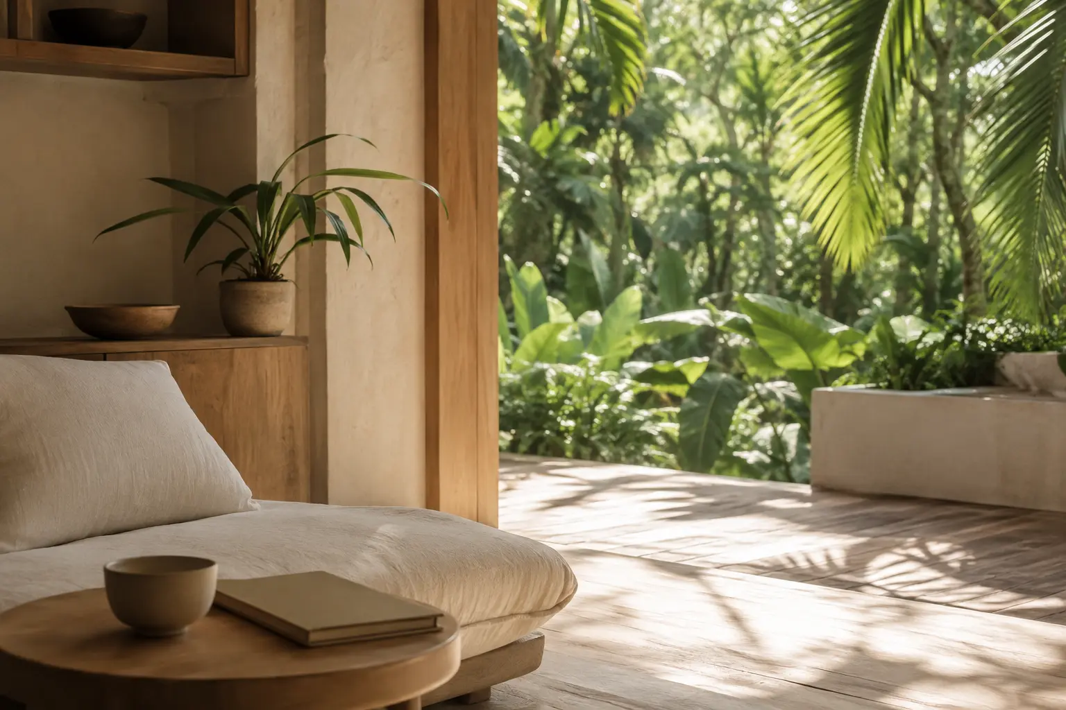 Quiet cream and sage reading space opening onto tropical greenery