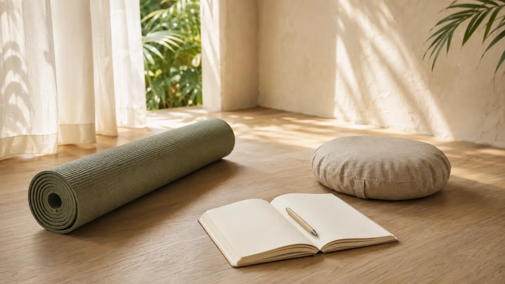 Yoga mat, meditation cushion and open notebook arranged in a calm tropical room