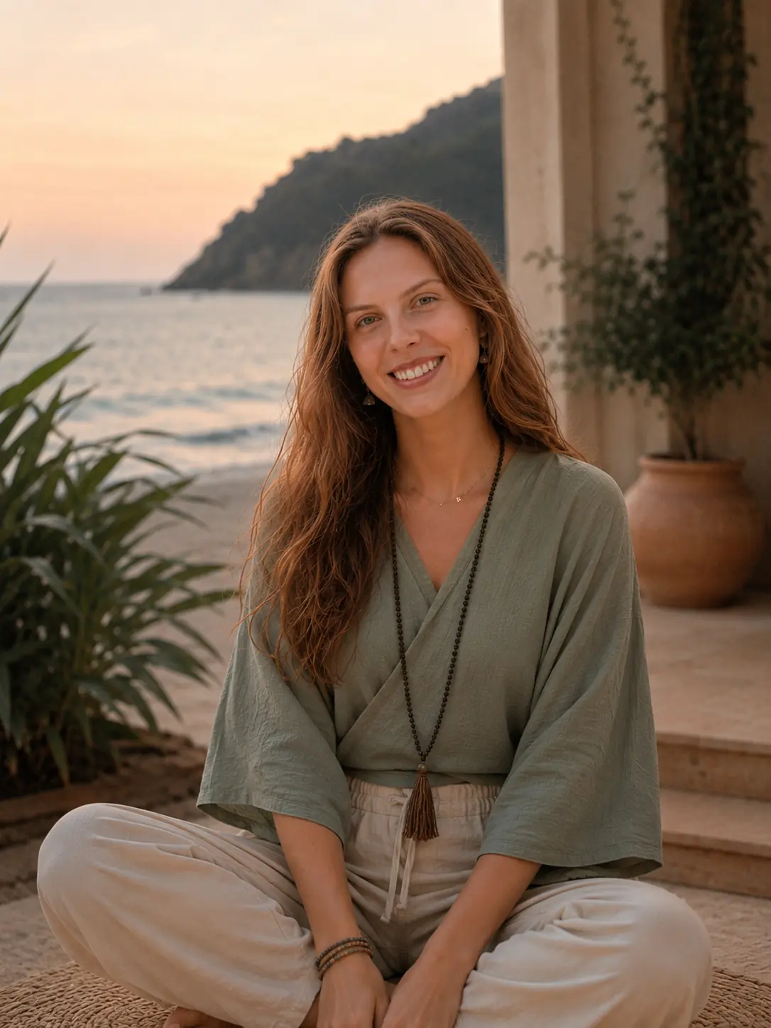 Gina Malling, founder of Prana Soul, seated by the sea