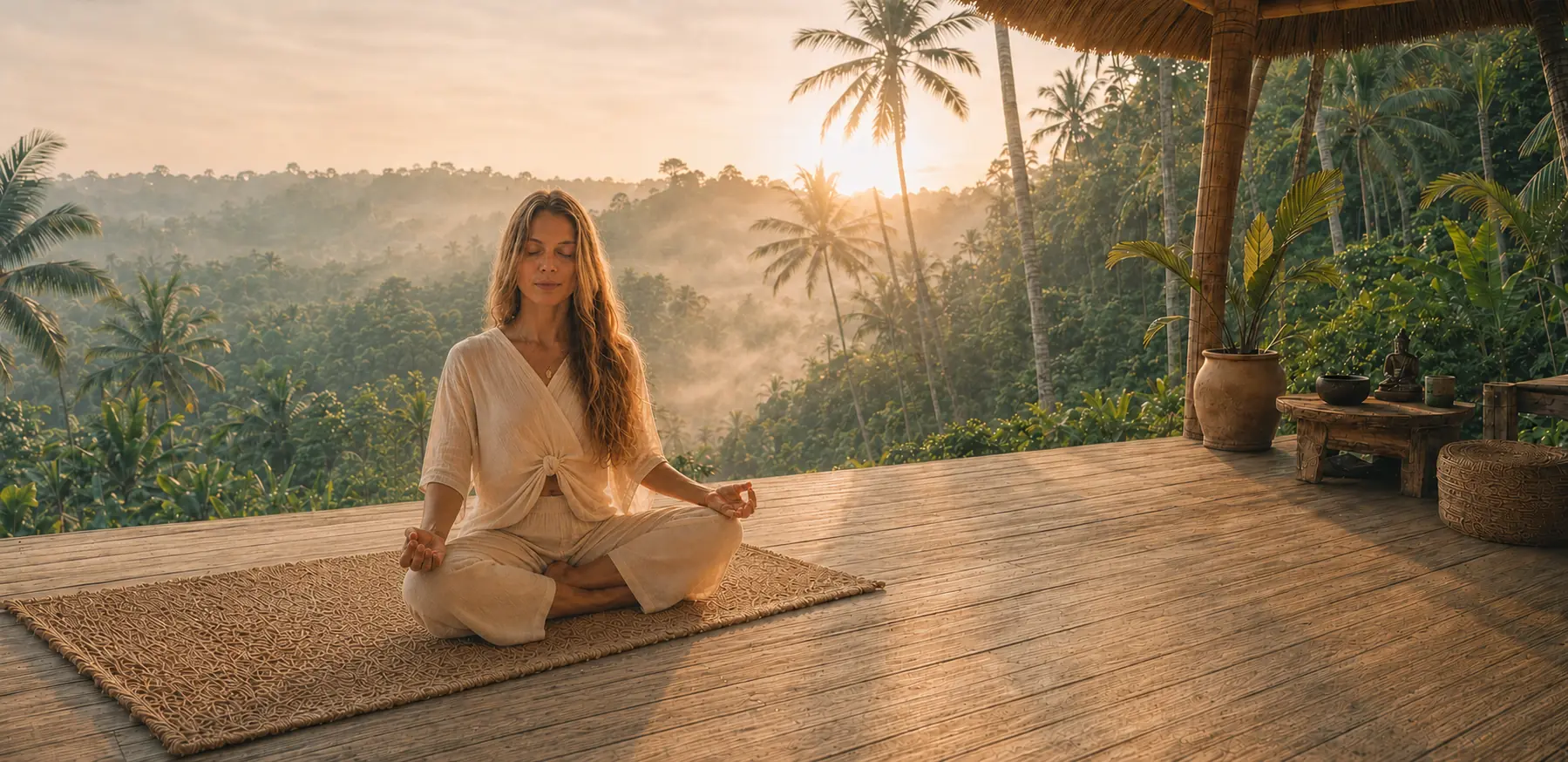 Gina meditating at sunrise in tropical nature