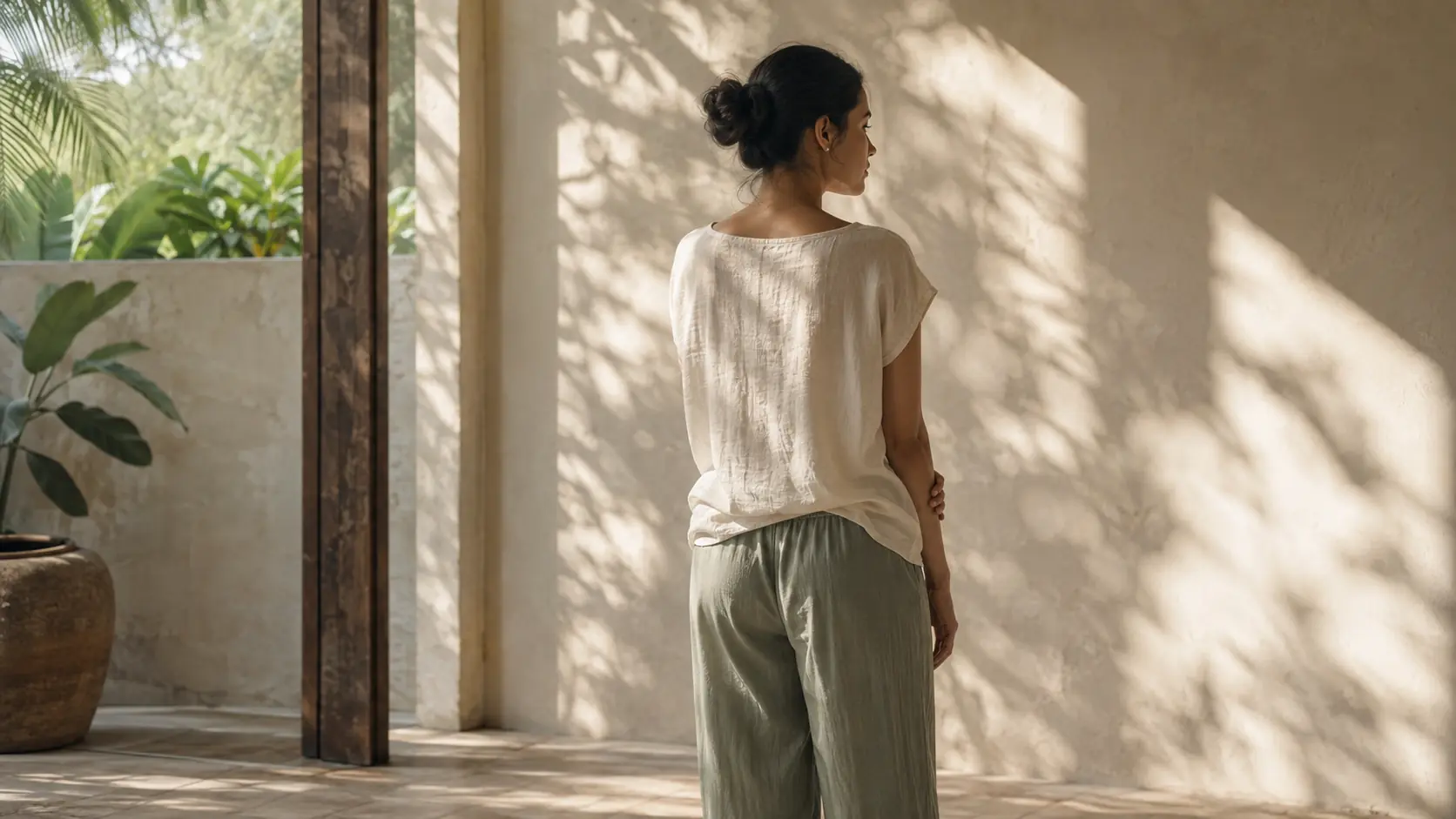 Woman standing quietly in tropical light while noticing tension held through her body