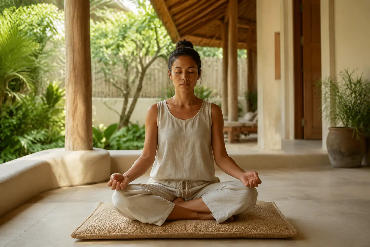 A woman seated in a calm meditation practice in a warm tropical setting