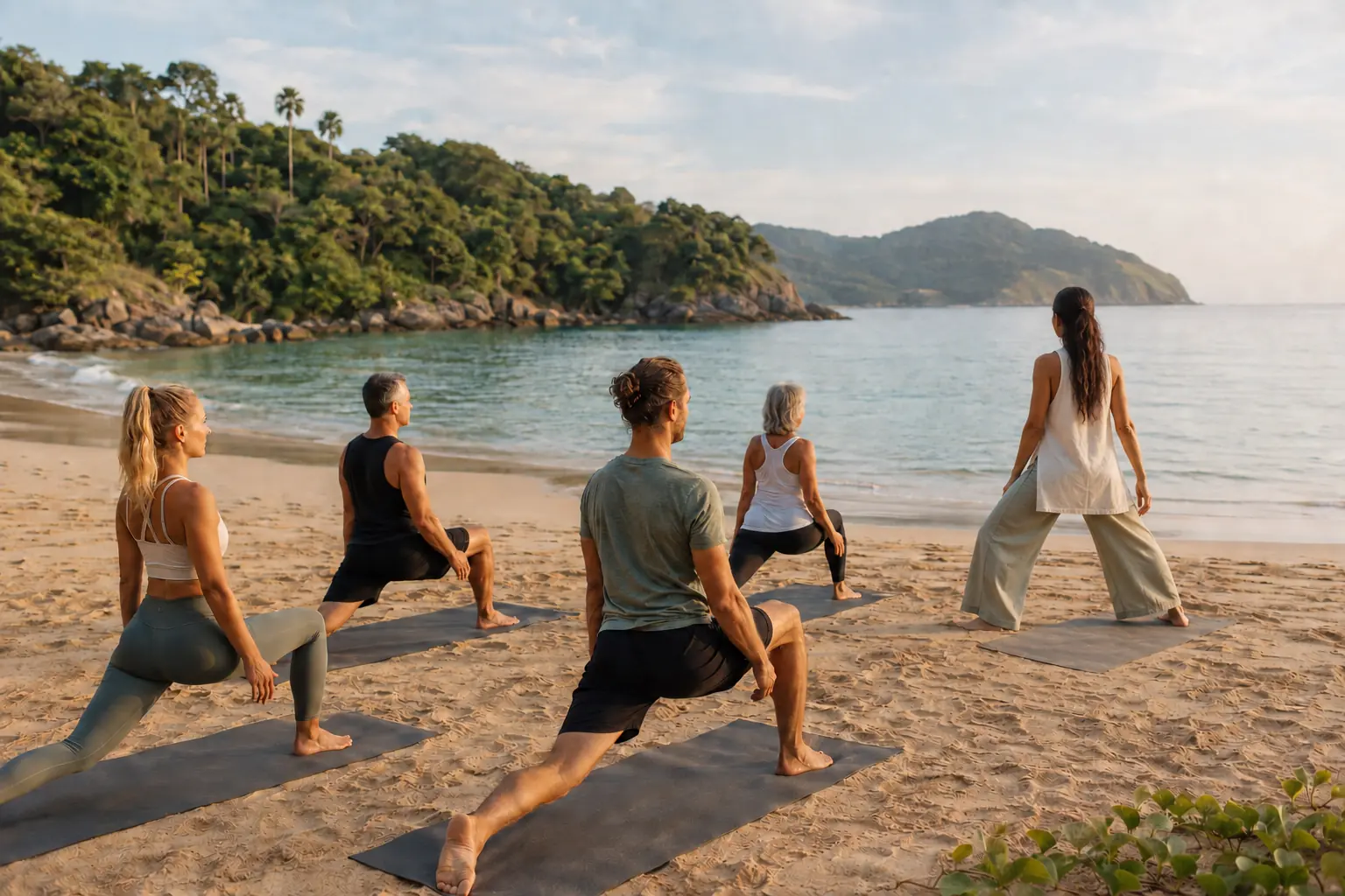 Eine Yogalehrerin begleitet eine kleine Gruppe an einem ruhigen Strand im Süden Phukets