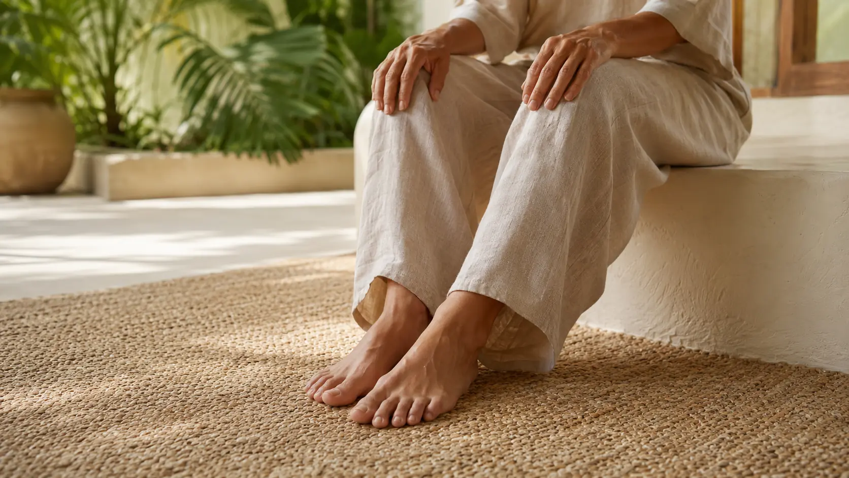 Bare feet on a woven rug and relaxed hands resting on knees during a grounding pause