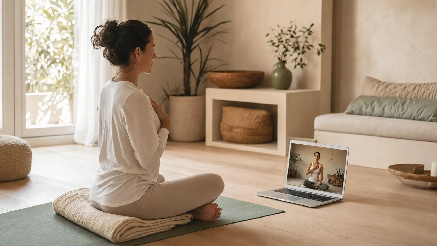 Woman following a personalised online yoga therapy session from her peaceful home