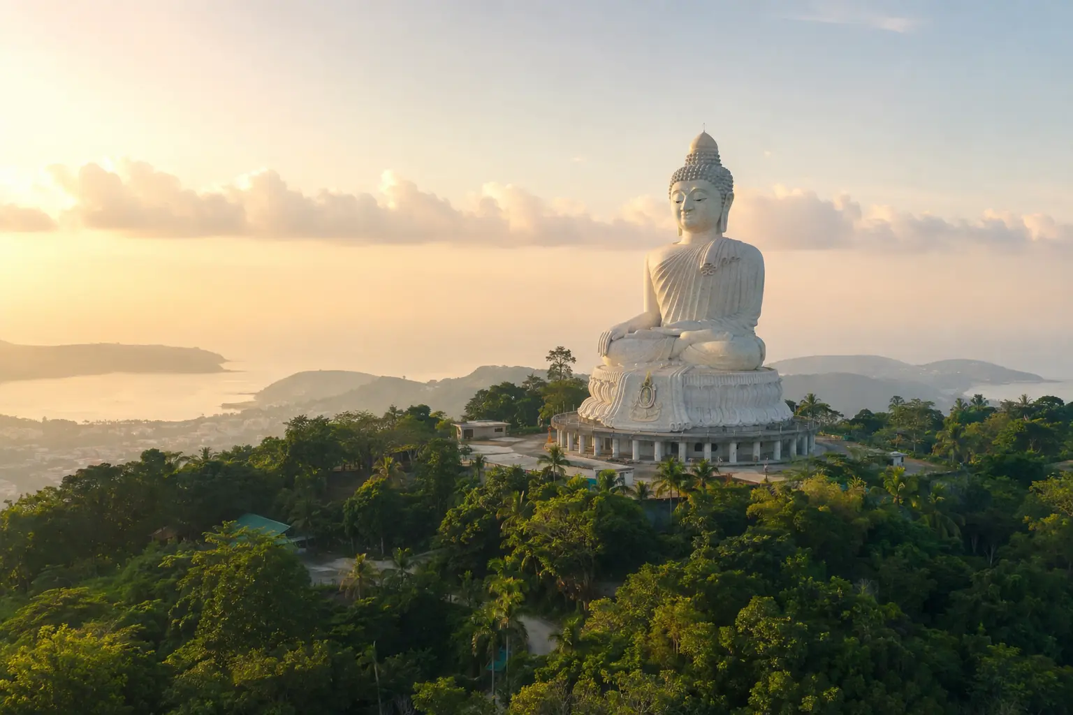 Phukets Big Buddha über tropischem Grün im warmen Morgenlicht