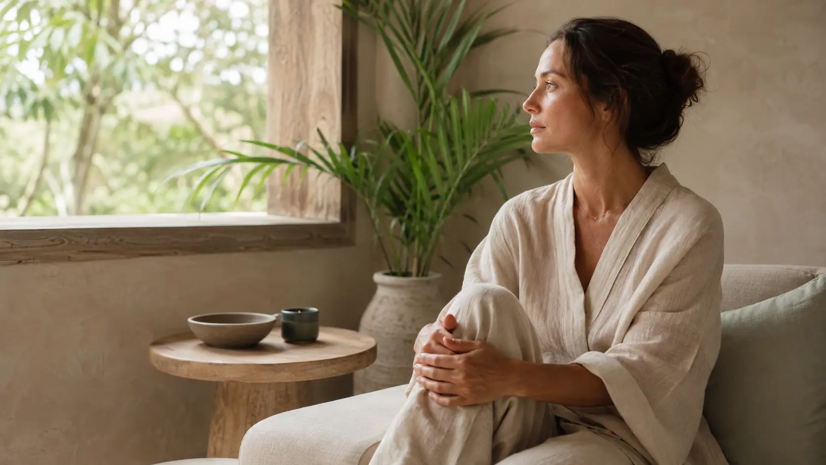 Woman sitting alert but composed beside an open window in a calm tropical room