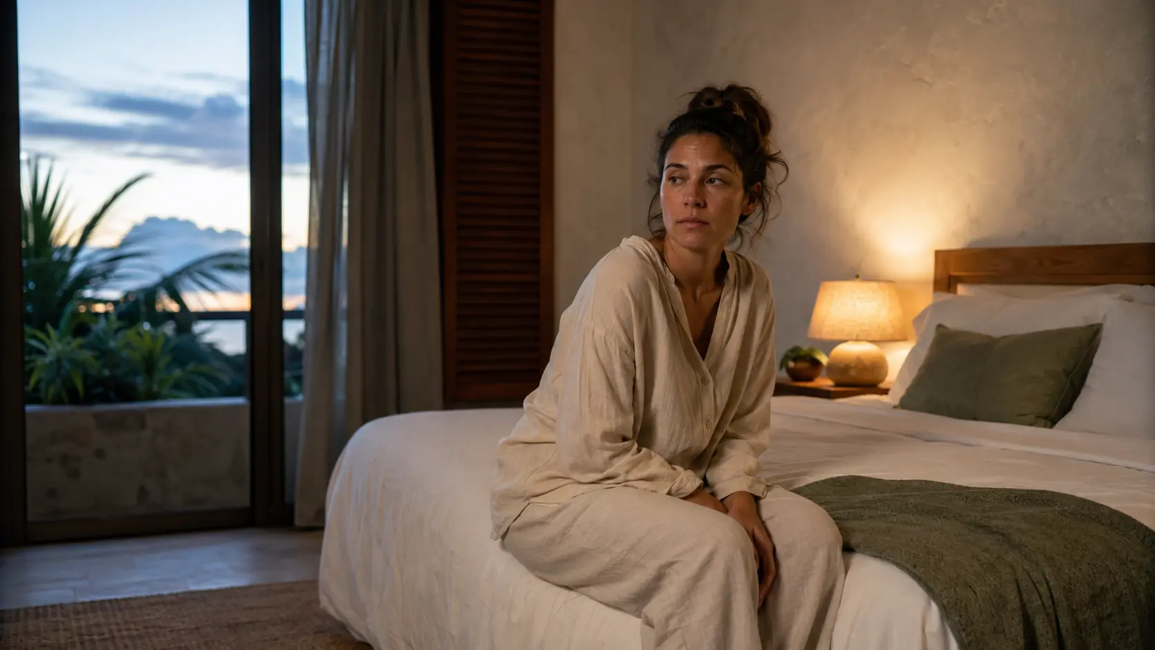 Tired but alert woman resting on the edge of a bed as evening light fades