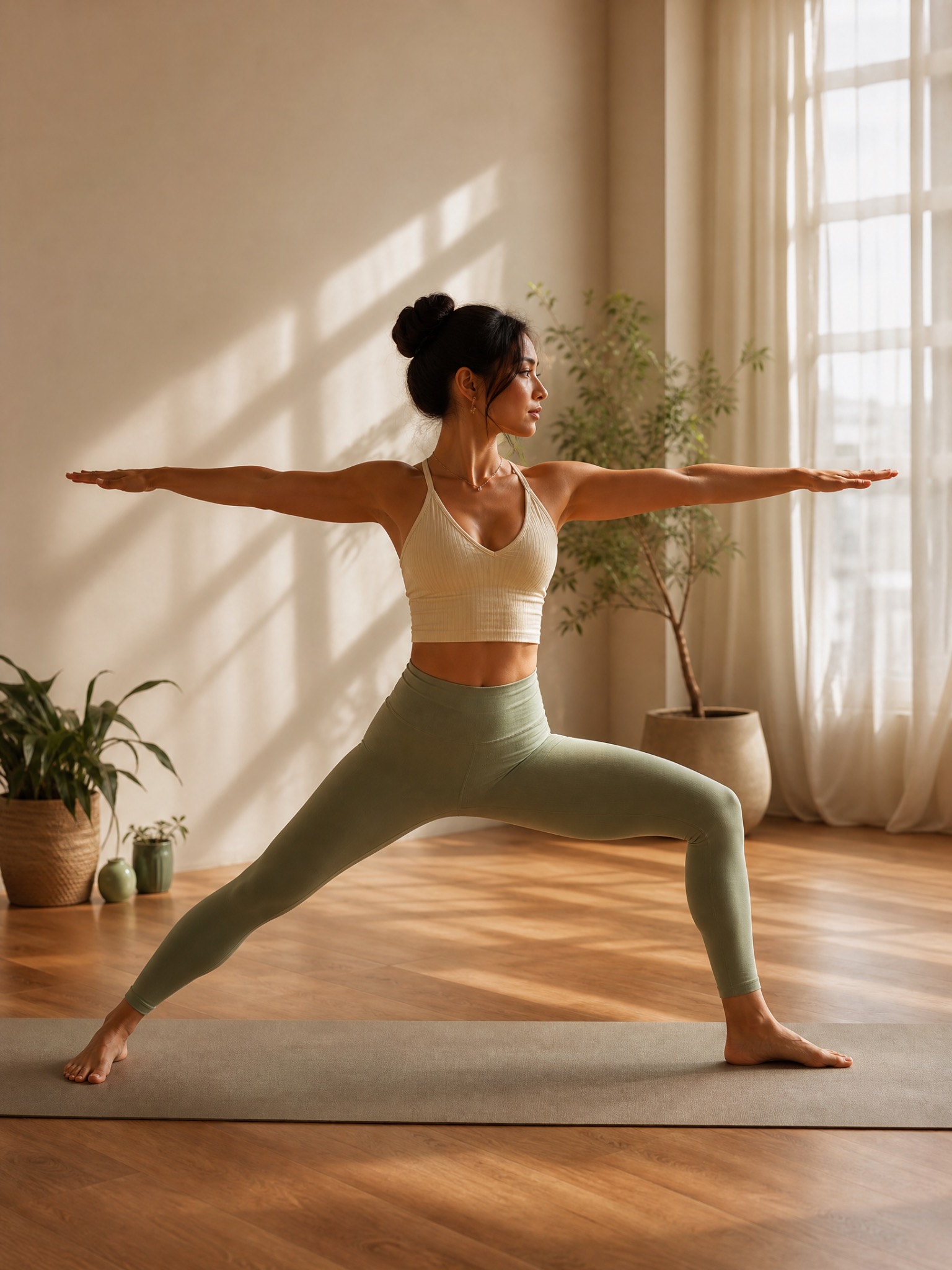 Woman practising gentle Hatha yoga in a calm, naturally lit room