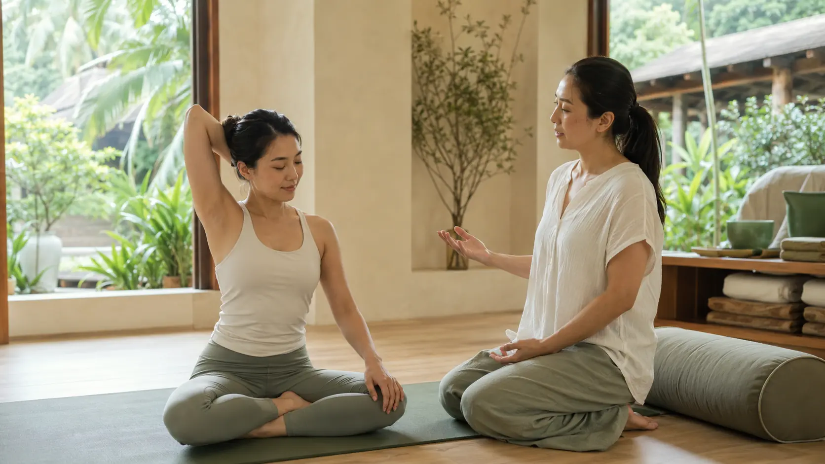 Yoga therapist guiding a client through a gentle seated shoulder movement